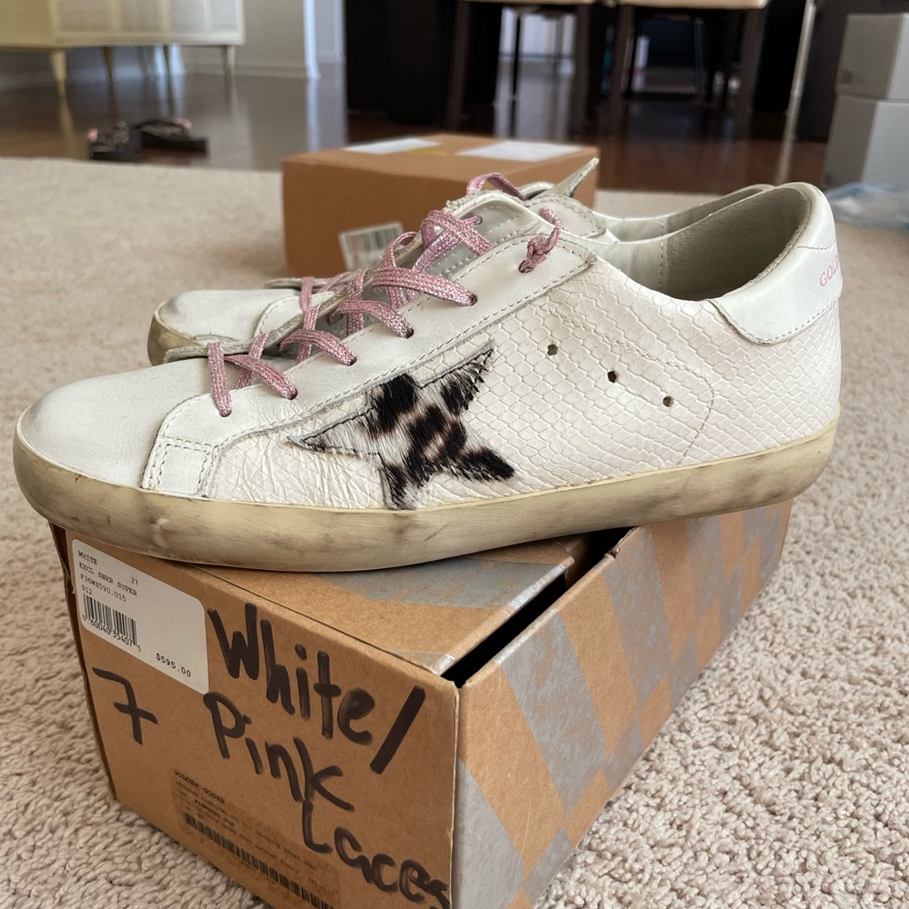 Golden Goose White and Pink Athletic Shoes Distressed Design